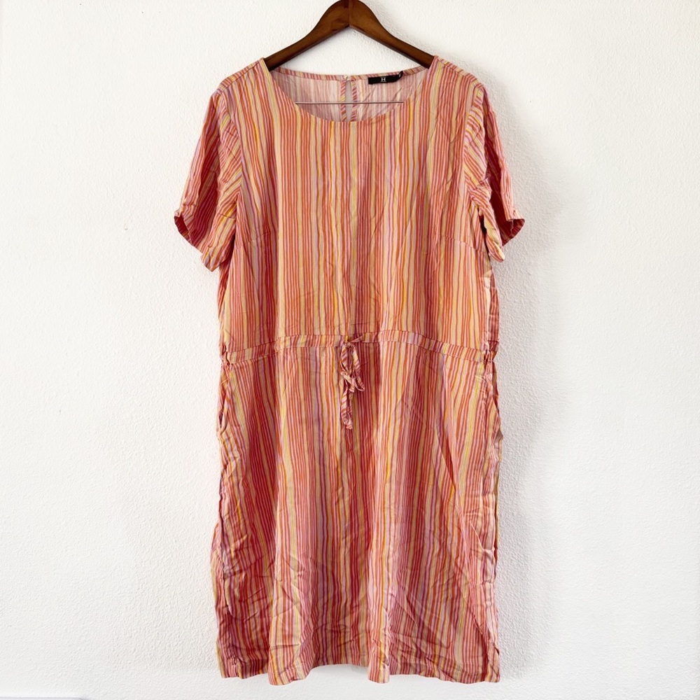 House Striped Dress Relaxed Drawstring Waist Size 44EU (12/14) Boho Natural NEW